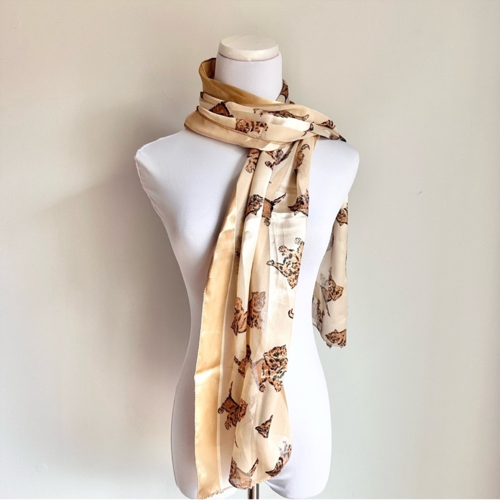 Metallic Gold Cream Chiffon Satin Silky Cat Print Scarf